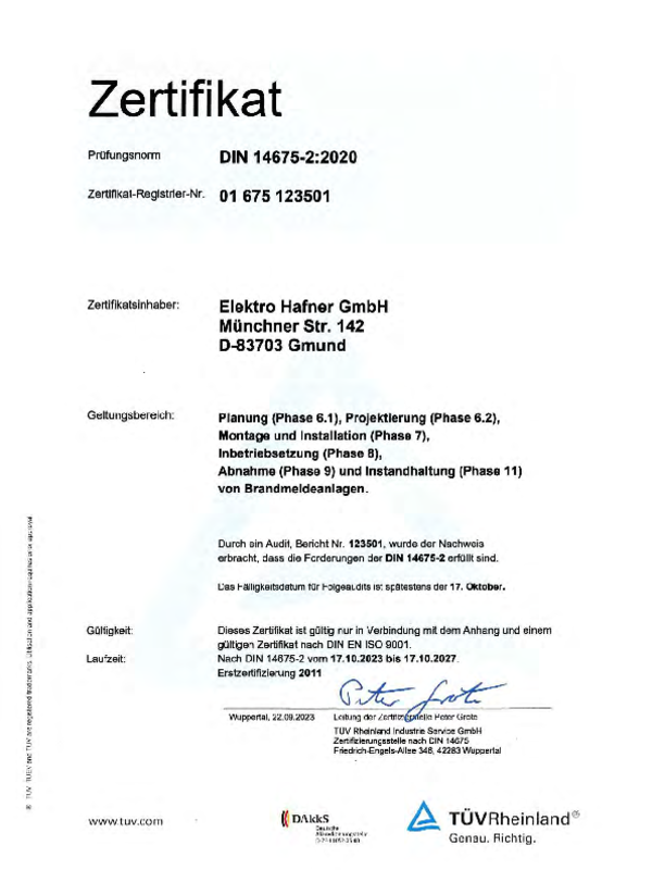 Zertifikat DIN 14675 bei Elektro Hafner GmbH in Gmund am Tegernsee